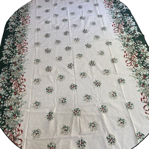 Christmas Tablecloth Holly Berry Bells Ornaments Greenery Cotton Blend Oval - Picture 4 of 9